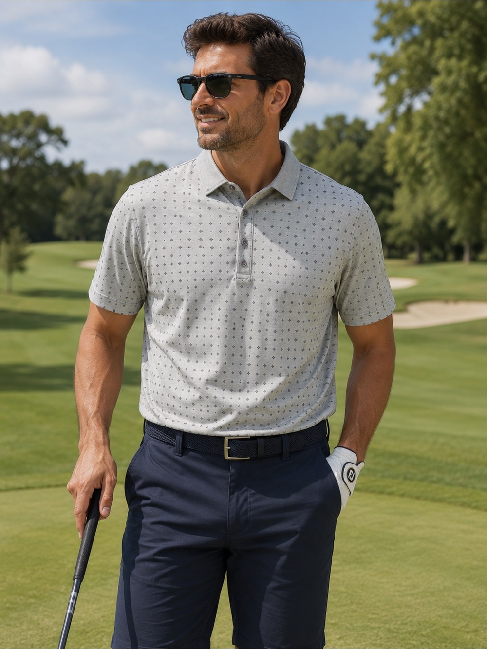 FootJoy Athletic Fit Golf Polo Mens Large Gray Geometric Print Performance Shirt